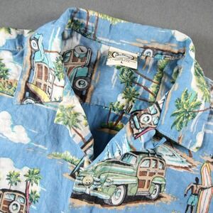 Go Barefoot USA Woody Wagon Car Beach Surf Hawaiian Shirt Mens L Short Sleeve